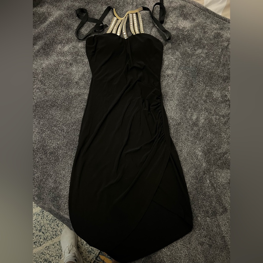 Halter top sequined black dress with slit size small